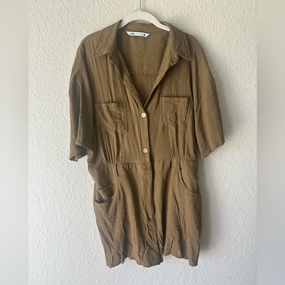 NWOT Zara Khaki Utility Romper Jumpsuit Women’s Size XL Short Sleeve Pockets - Picture 1 of 6